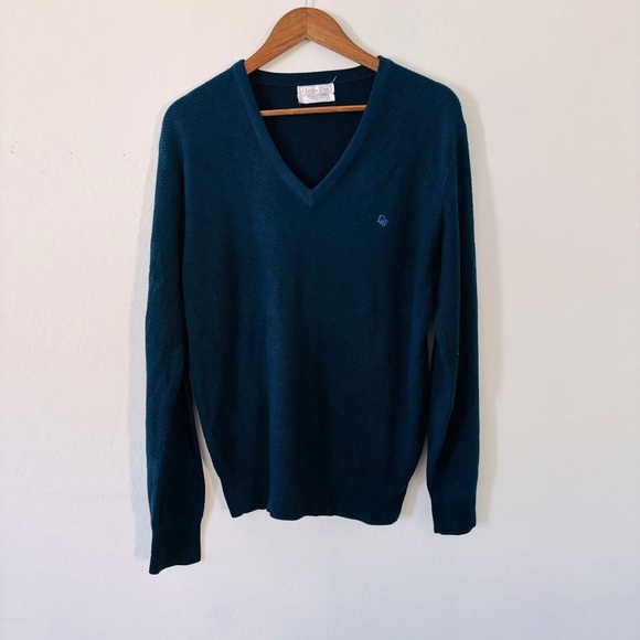 Vintage Christian Dior Men's V-Neck Sweater - Deep Blue Teal Size Large Mens 90s
